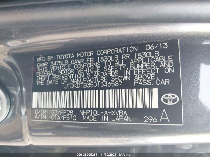 2013 Toyota Prius C Two VIN: JTDKDTB35D1546587 Lot: 38205258