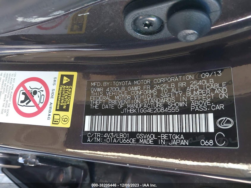 2014 Lexus Es 350 Base (A6) VIN: JTHBK1GG4E2084555 Lot: 38205446