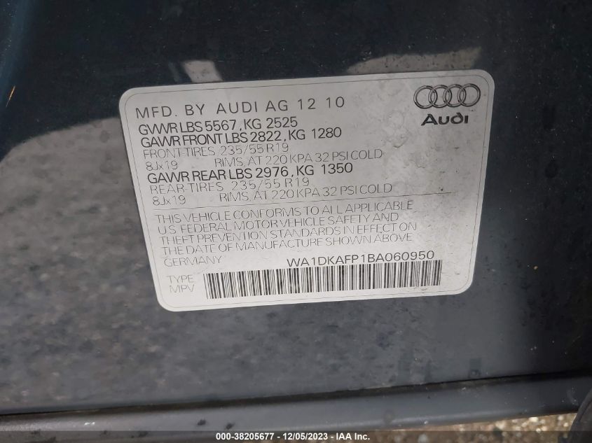 2011 Audi Q5 3.2 Premium Plus VIN: WA1DKAFP1BA060950 Lot: 38205677