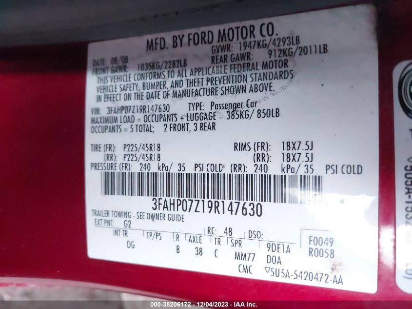 3FAHP07Z19R147630 2009 Ford Fusion Se