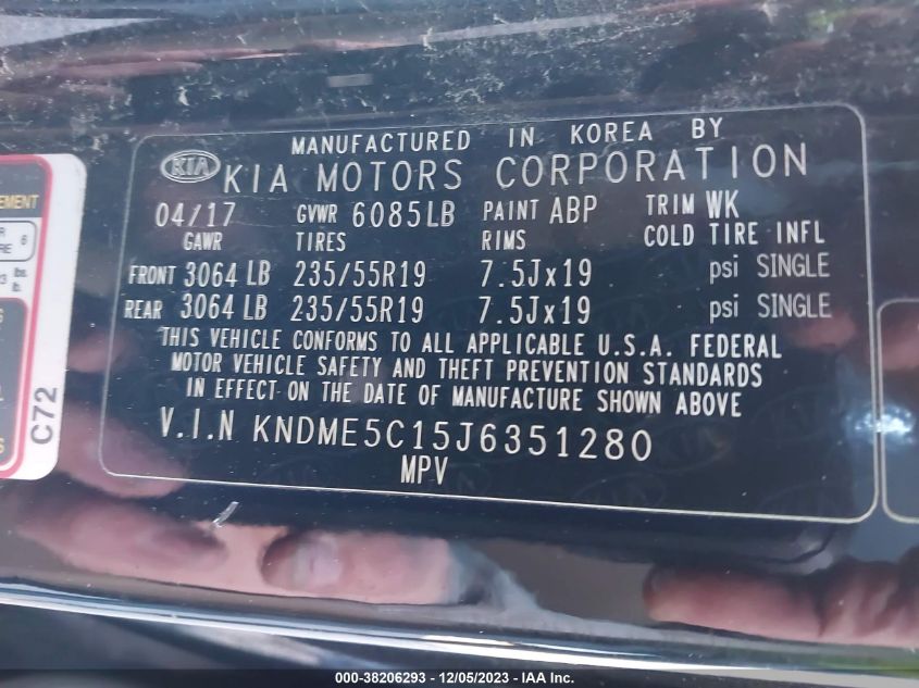 2018 Kia Sedona Sx Limited VIN: KNDME5C15J6351280 Lot: 38206293