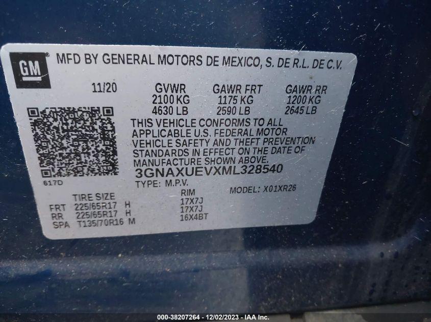 3GNAXUEVXML328540 2021 Chevrolet Equinox Awd Lt