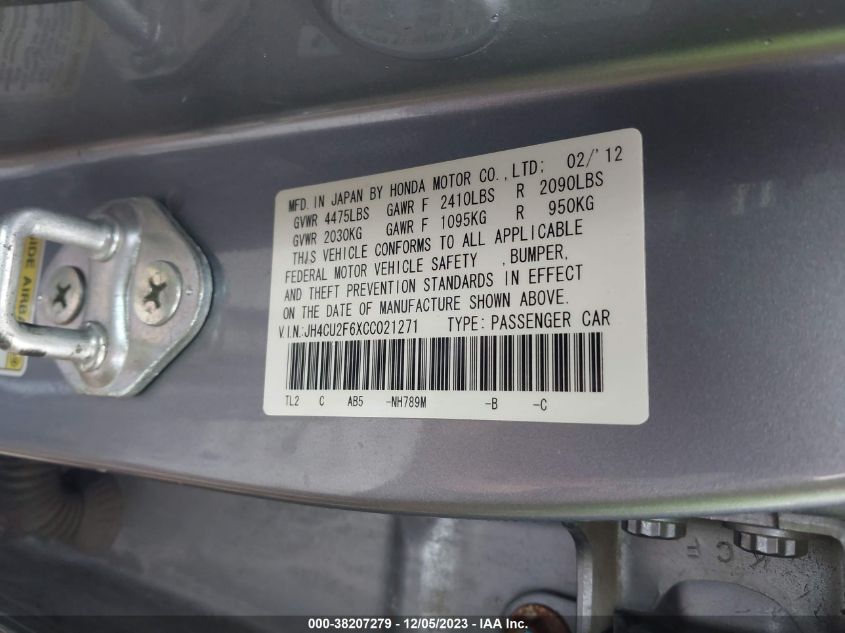 2012 Acura Tsx 2.4 VIN: JH4CU2F6XCC021271 Lot: 38207279