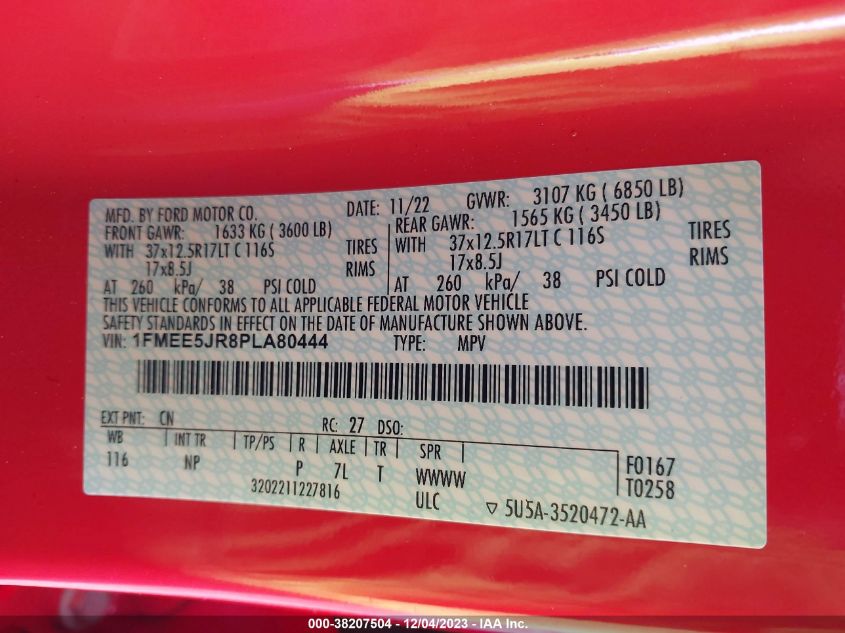 2023 Ford Bronco Raptor VIN: 1FMEE5JR8PLA80444 Lot: 38207504