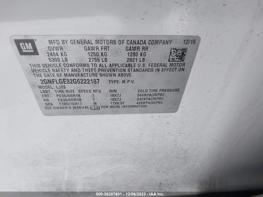 2GNFLGE32G6222187 2016 Chevrolet Equinox Ltz