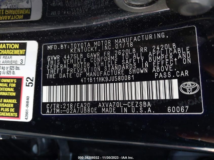 4T1B11HK9JU580081 2018 Toyota Camry Se