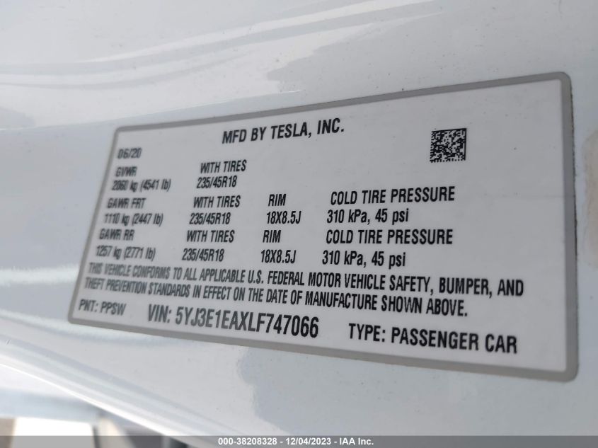 2020 Tesla Model 3 Standard Range Plus Rear-Wheel Drive/Standard Range Rear-Wheel Drive VIN: 5YJ3E1EAXLF747066 Lot: 38208328