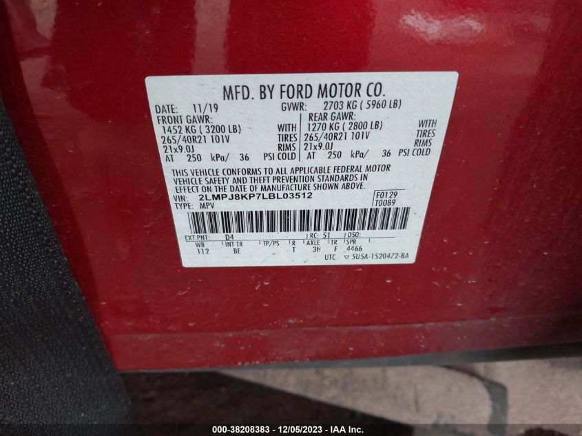 2020 Lincoln Nautilus Reserve VIN: 2LMPJ8KP7LBL03512 Lot: 38208383