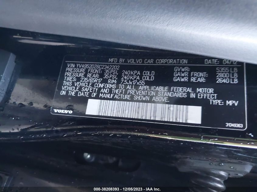 2012 Volvo Xc60 3.2/3.2 Platinum VIN: YV4952DZ6C2342202 Lot: 38208393