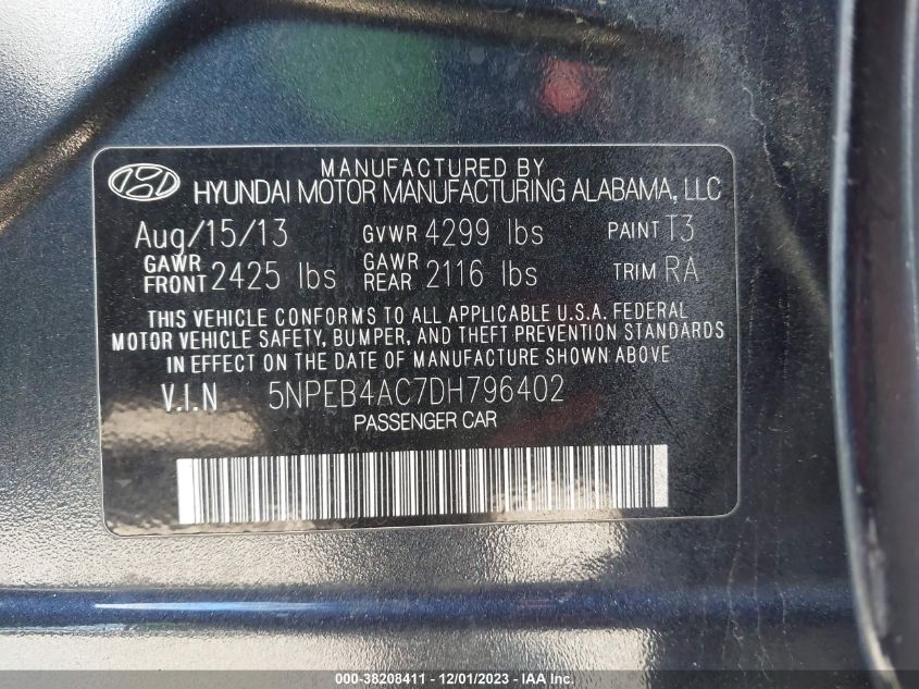 5NPEB4AC7DH796402 2013 Hyundai Sonata Gls