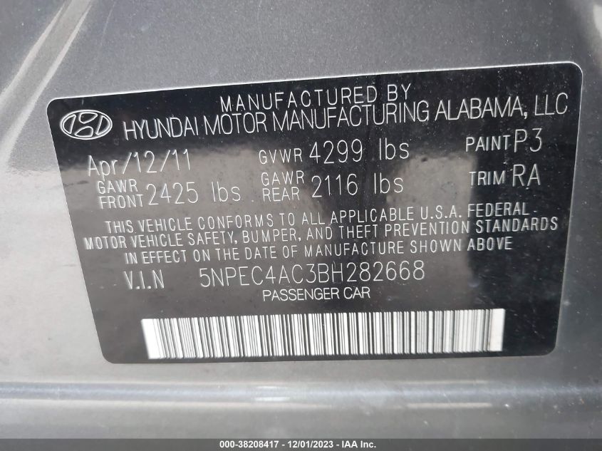 2011 Hyundai Sonata Se VIN: 5NPEC4AC3BH282668 Lot: 38208417