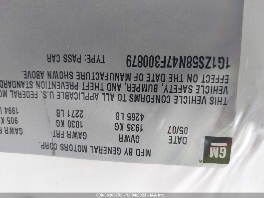 2007 Chevrolet Malibu Ls VIN: 1G1ZS58N47F300879 Lot: 38208792