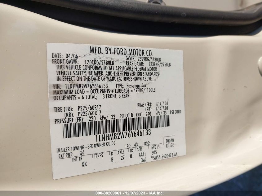 2006 Lincoln Town Car VIN: 1LNHM82W76Y646133 Lot: 38209861