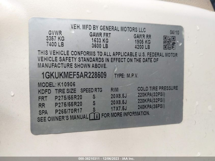 2010 GMC Yukon Xl 1500 Denali VIN: 1GKUKMEF5AR228609 Lot: 38210311