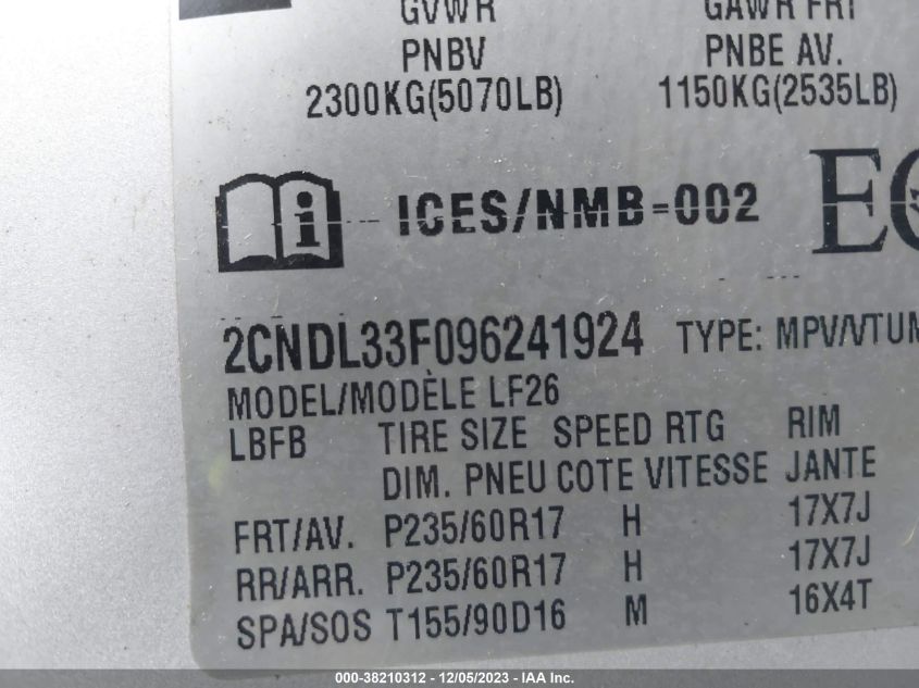 2009 Chevrolet Equinox Lt VIN: 2CNDL33F096241924 Lot: 38210312