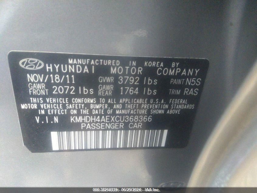 KMHDH4AEXCU368366 2012 Hyundai Elantra Gls (Ulsan Plant)