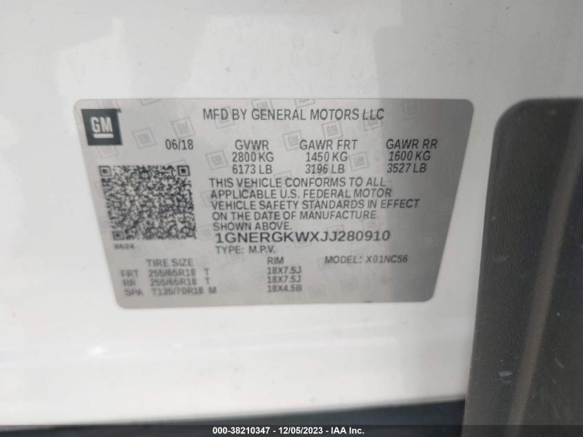 2018 Chevrolet Traverse 1Lt VIN: 1GNERGKWXJJ280910 Lot: 38210347