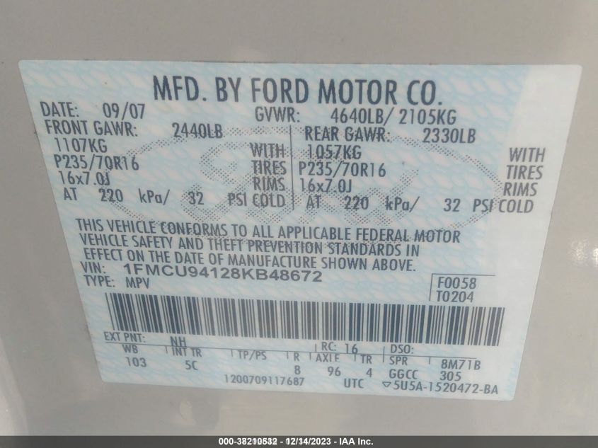 1FMCU94128KB48672 2008 Ford Escape Limited