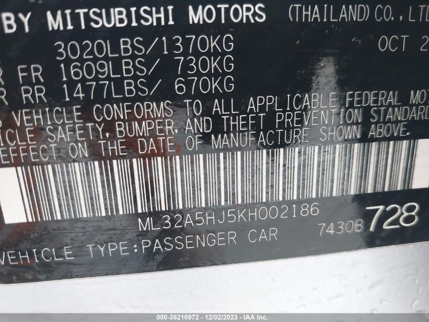 ML32A5HJ5KH002186 2019 Mitsubishi Mirage Le