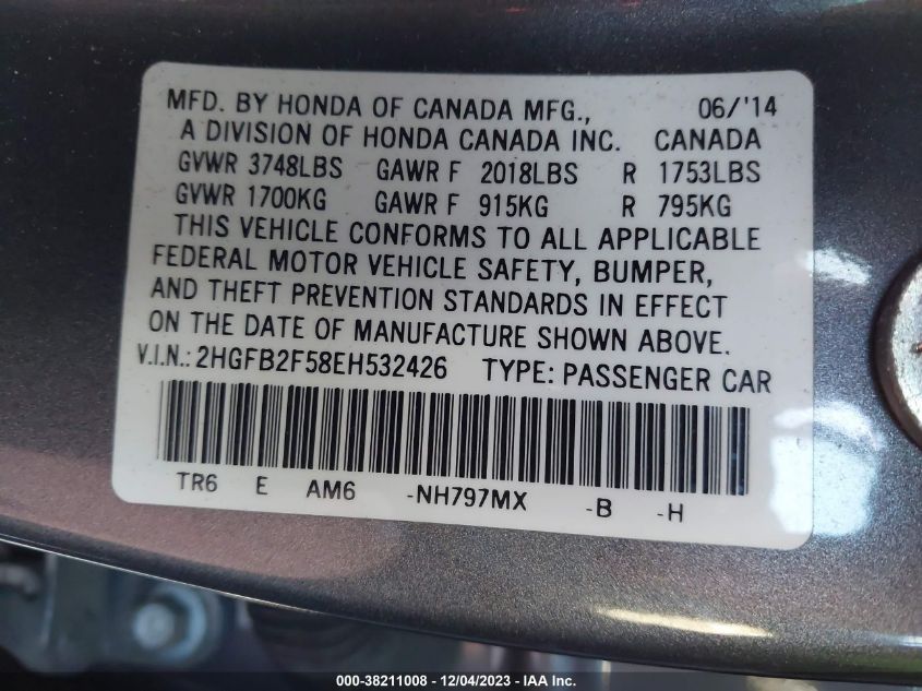 2HGFB2F58EH532426 2014 Honda Civic Lx