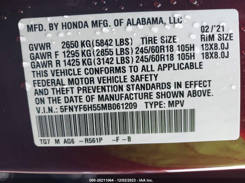 2021 Honda Pilot Awd Ex-L VIN: 5FNYF6H55MB061209 Lot: 38211064