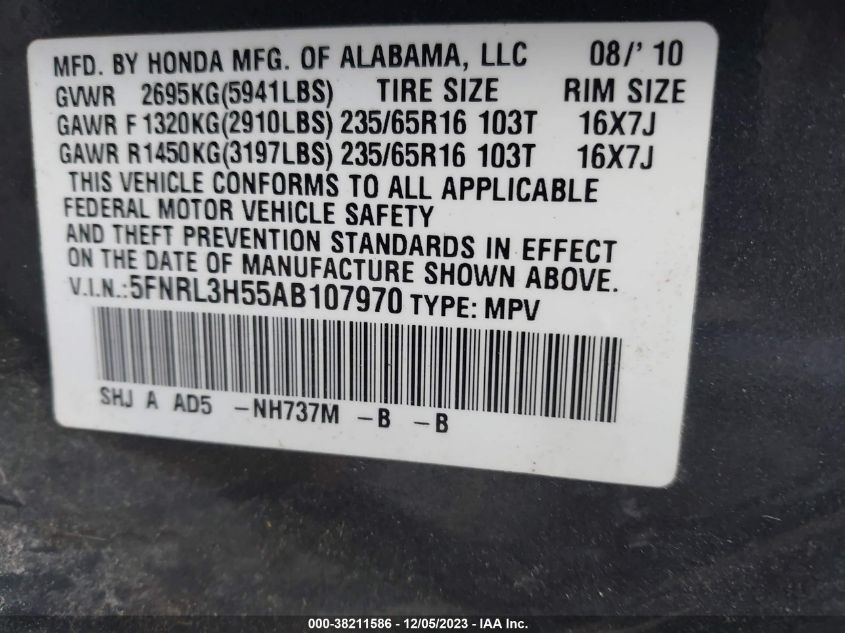 2010 Honda Odyssey Ex VIN: 5FNRL3H55AB107970 Lot: 38211586