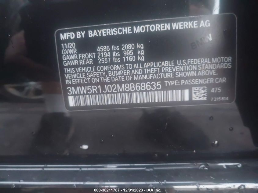 3MW5R1J02M8B68635 2021 BMW 330I