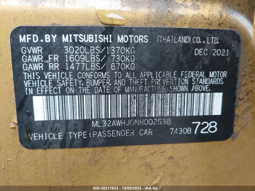 2022 Mitsubishi Mirage Black Edition/Se VIN: ML32AWHJ0NH002638 Lot: 38211833