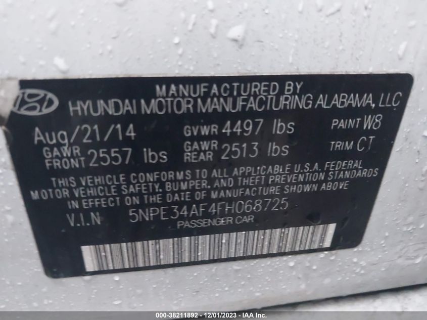 2015 Hyundai Sonata Sport VIN: 5NPE34AF4FH068725 Lot: 38211892