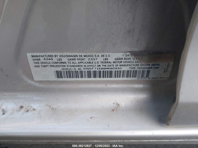 2006 Volkswagen Jetta 2.5 VIN: 3VWSF71K86M680930 Lot: 38212927