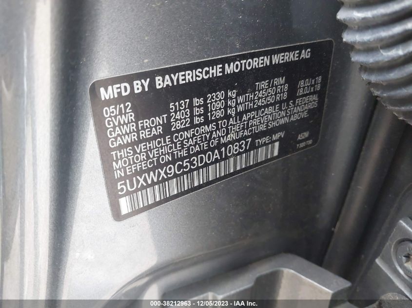 2013 BMW X3 xDrive28I VIN: 5UXWX9C53D0A10837 Lot: 38212963