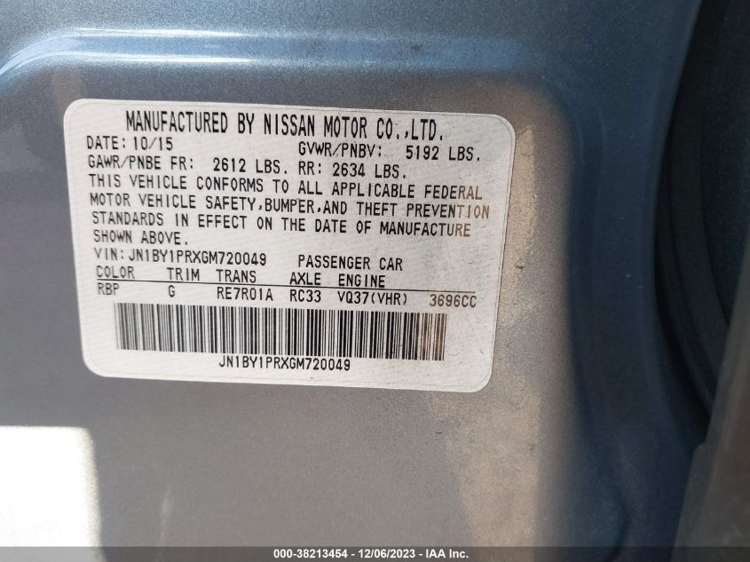 2016 Infiniti Q70L 3.7X VIN: JN1BY1PRXGM720049 Lot: 38213454