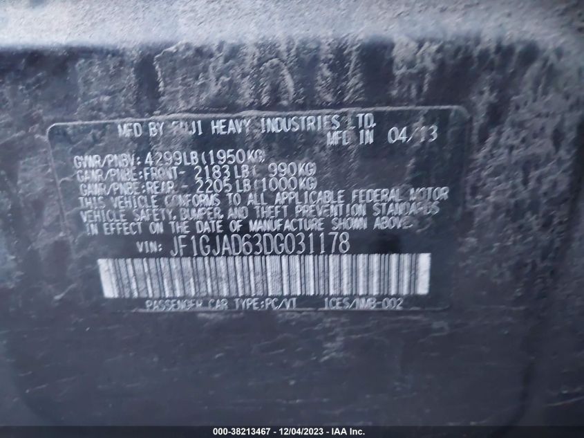 2013 Subaru Impreza 2.0I Premium VIN: JF1GJAD63DG031178 Lot: 38213467