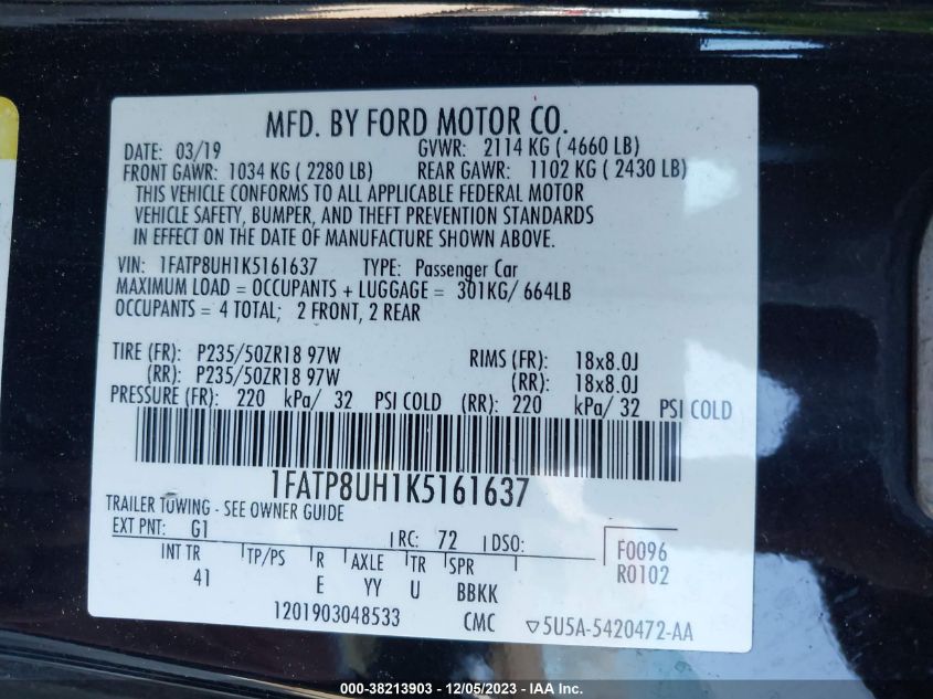 1FATP8UH1K5161637 2019 Ford Mustang Ecoboost Premium