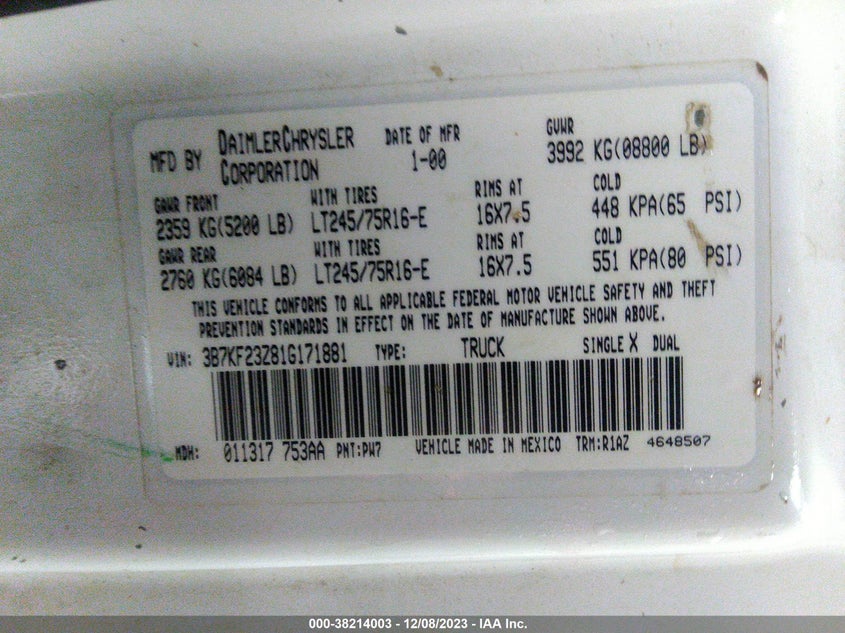 3B7KF23Z81G171881 2001 Dodge Ram 2500 St