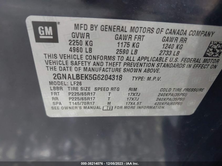 2GNALBEK5G6204318 2016 Chevrolet Equinox Ls