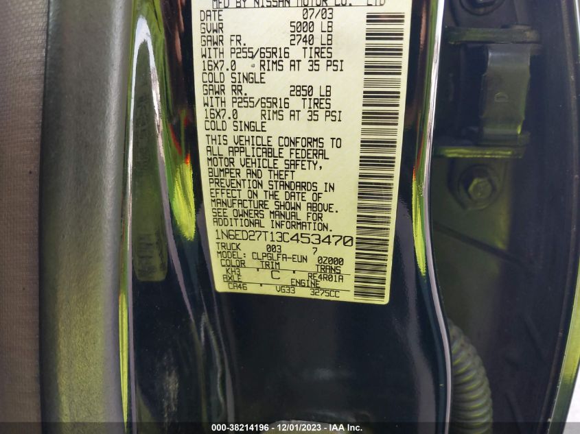 2003 Nissan Frontier 2Wd Se VIN: 1N6ED27T13C453470 Lot: 38214196