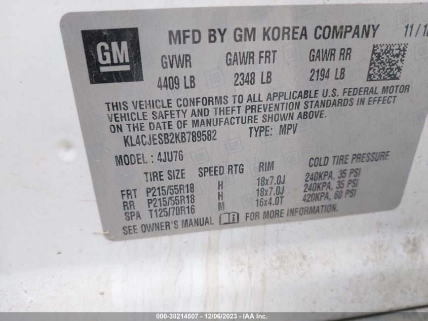 2019 Buick Encore Awd Preferred VIN: KL4CJESB2KB789582 Lot: 38214507