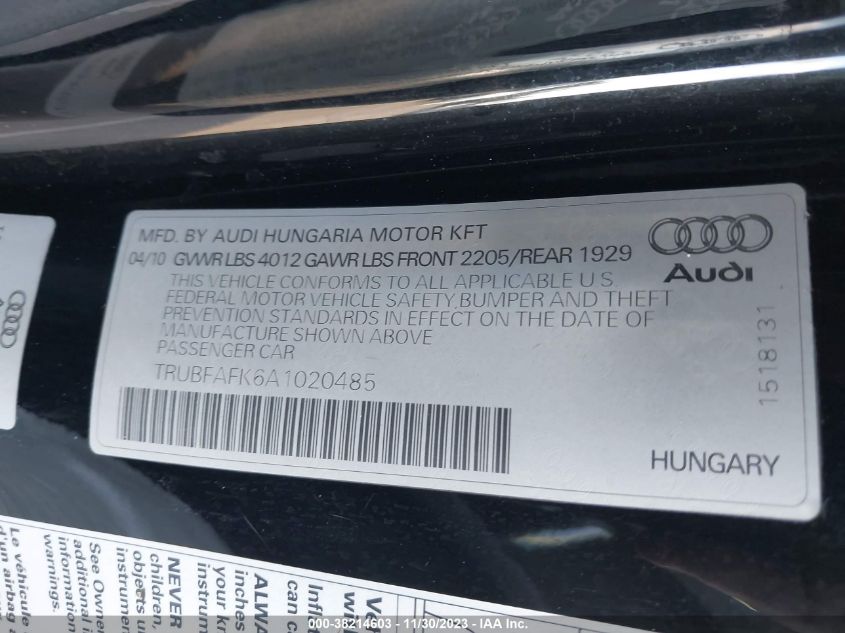 2010 Audi Tt 2.0T Premium VIN: TRUBFAFK6A1020485 Lot: 38214603