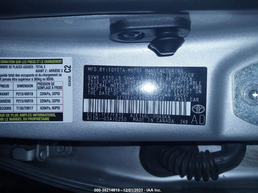 2009 Toyota Matrix Xrs VIN: 2T1GE40E89C005517 Lot: 38214613