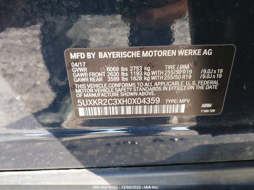 2017 BMW X5 Sdrive35I VIN: 5UXKR2C3XH0X04359 Lot: 38214762