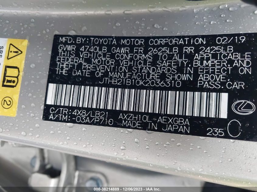 2019 Lexus Es 300H Luxury VIN: JTHB21B10K2036310 Lot: 38214889