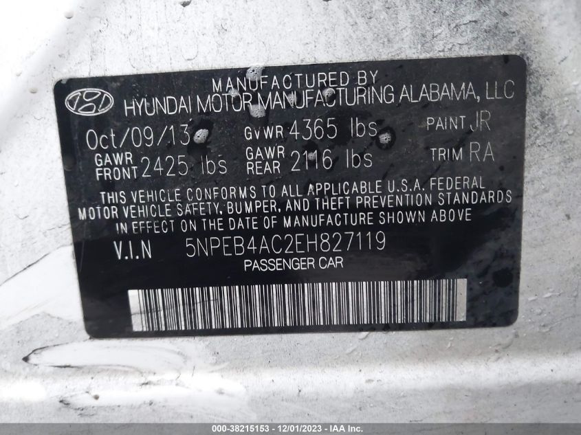 5NPEB4AC2EH827119 2014 Hyundai Sonata Gls