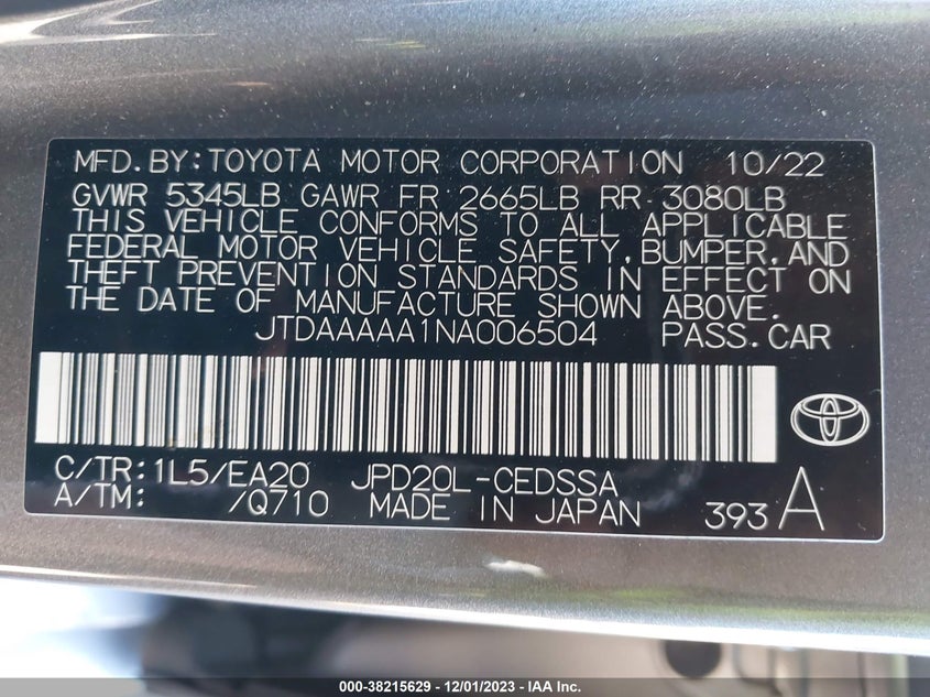 2022 Toyota Mirai Xle VIN: JTDAAAAA1NA006504 Lot: 38215629