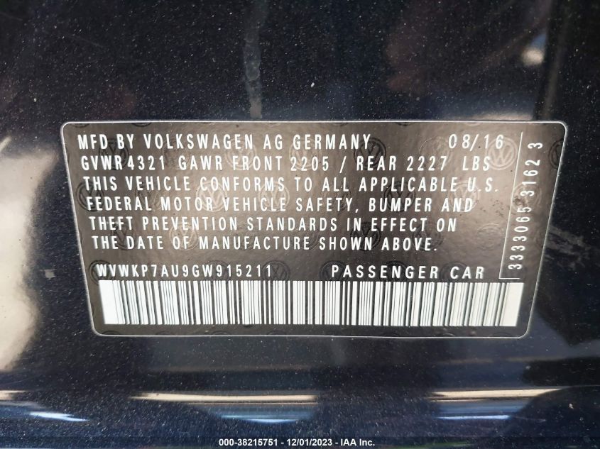 2016 Volkswagen E-Golf Se VIN: WVWKP7AU9GW915211 Lot: 38215751