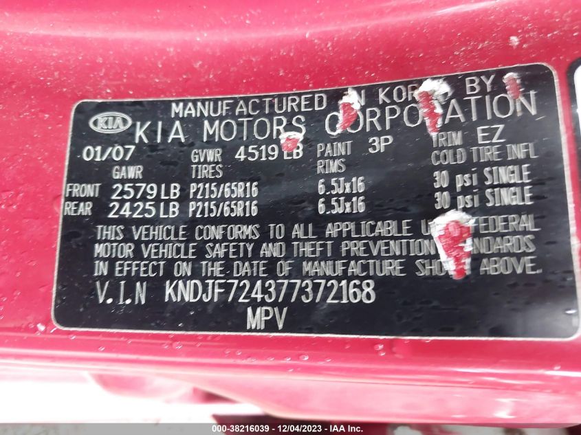 2007 Kia Sportage Lx VIN: KNDJF724377372168 Lot: 38216039