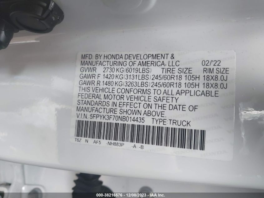 2022 Honda Ridgeline Rtl-E VIN: 5FPYK3F70NB014435 Lot: 38216576