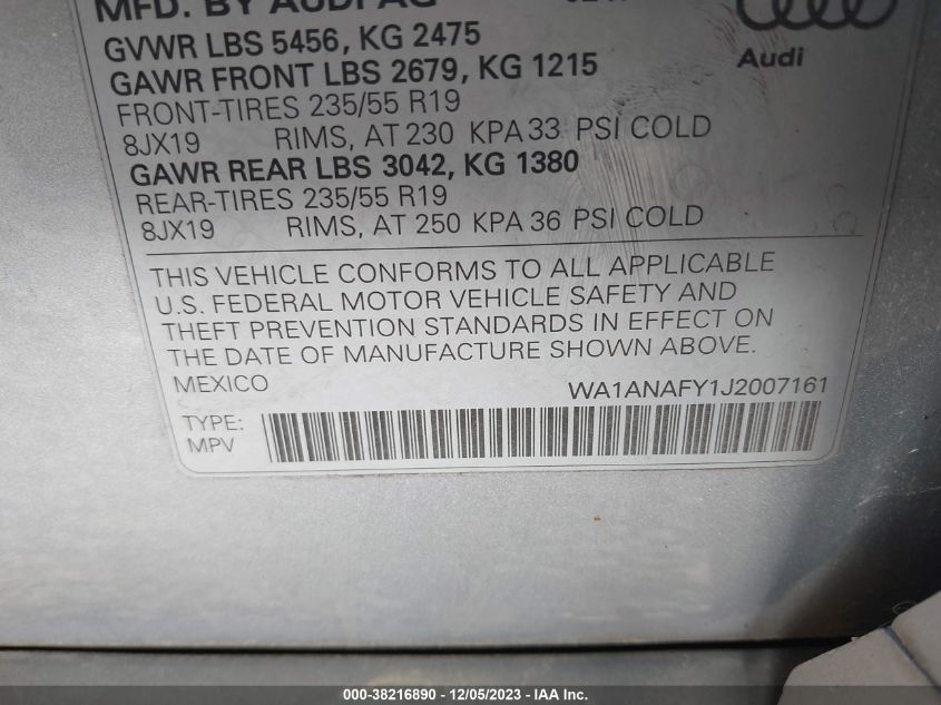 2018 Audi Q5 Premium/Tech Premium VIN: WA1ANAFY1J2007161 Lot: 38216890