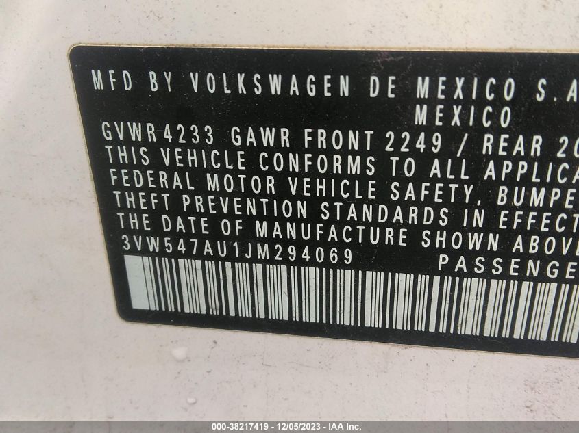 2018 Volkswagen Golf Gti 2.0T Autobahn VIN: 3VW547AU1JM294069 Lot: 38217419