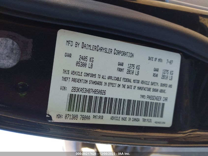 2007 Dodge Charger Rt VIN: 2B3KA53H87H850826 Lot: 38217628